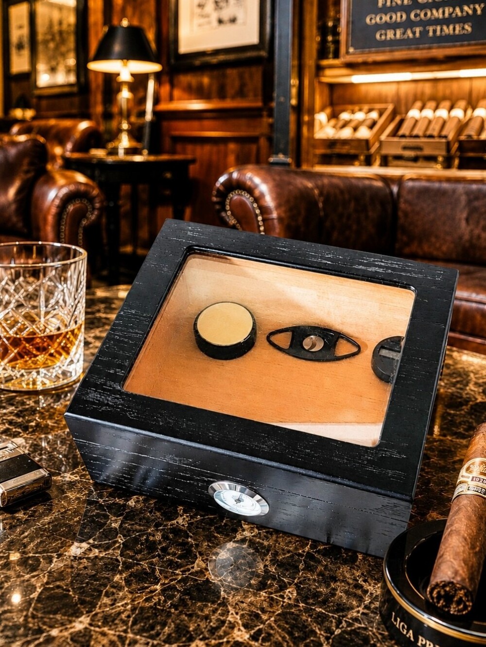 Black Espresso Ebony Color Wood Cigar Cutter Humidor Oak? Glass Lid Hygrometer